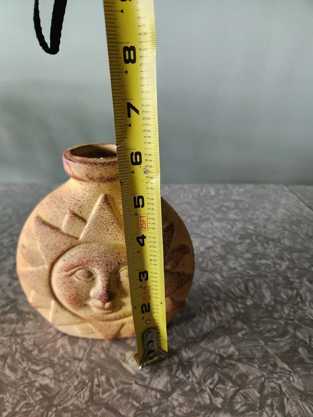 Source Unknown Sun Face Ceramic Vase in Yellow with Red Speckle